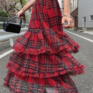 Red Casual Women's Christmas Plaid Ruffle Mesh High Waist Skirt